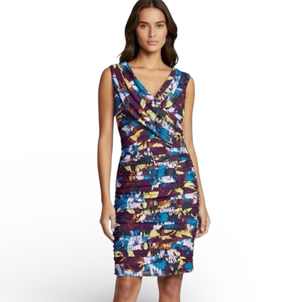 Adrianna Papell Womens Dress Size 8 Sleeveless Pleated V-Neck Stretch Multicolor